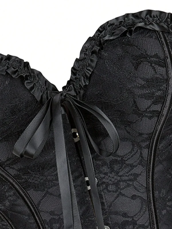 Corset victorien noir jacquard (vue ruban satin) Corset victorien noir jacquard (vue ruban satin)
