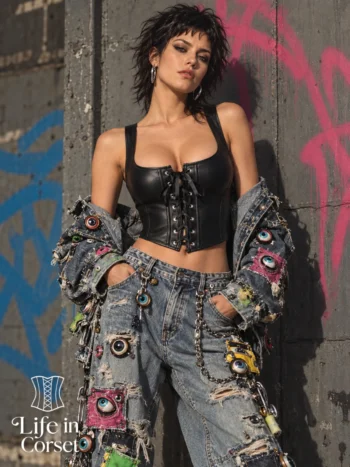 Bustier en cuir crop top avec laçages Eva
