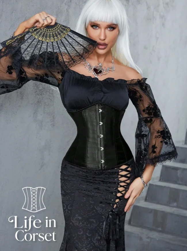 Corset serre taille noir en satin Elvira (face) Corset serre taille noir en satin Elvira (face)