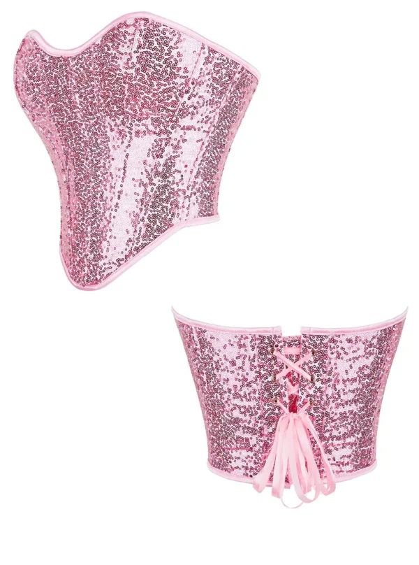 bustier rose brillant à sequins (real shot, profil et dos) bustier rose brillant à sequins (real shot, profil et dos)