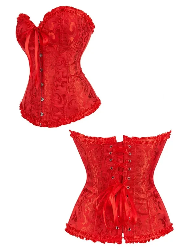 corset bustier rouge brodé (vue réelle, profil et dos) corset bustier rouge brodé (vue réelle, profil et dos)