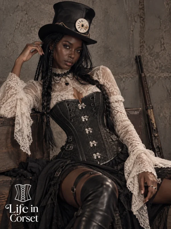 Corset steampunk noir structuré à fermoirs Raven (vue assise) Corset steampunk noir structuré à fermoirs Raven