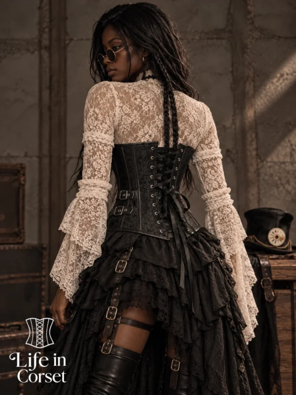 Corset steampunk noir structuré à fermoirs Raven (vue de dos) Corset steampunk noir structuré à fermoirs Raven