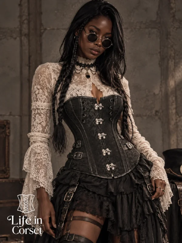 Corset steampunk noir structuré à fermoirs Raven (vue de face) Corset steampunk noir structuré à fermoirs Raven
