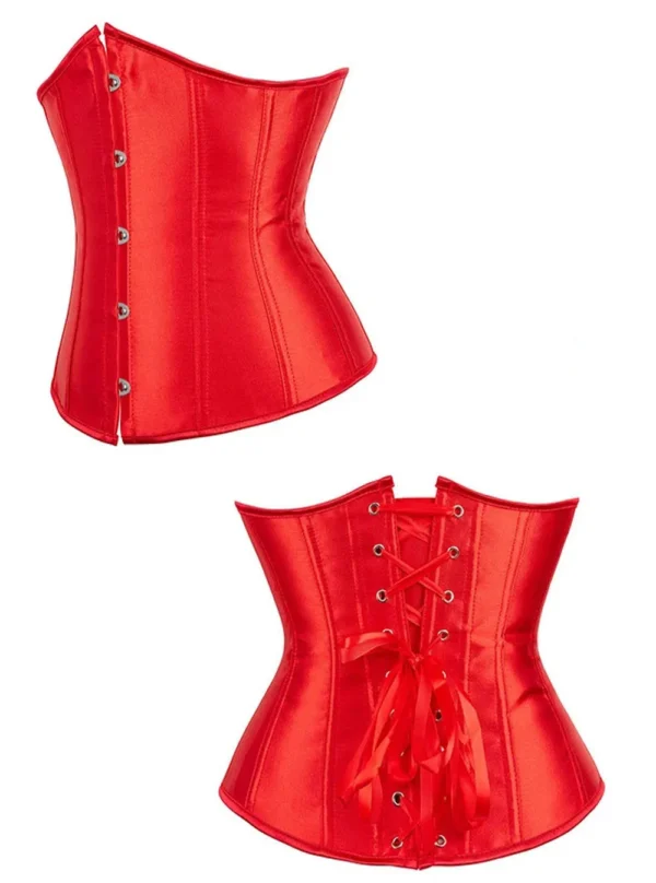 corset serre taille rouge en satin (vue réelle, profil et dos) corset serre taille rouge en satin (vue réelle, profil et dos)