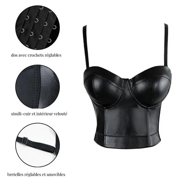 Bustier cuir noir crop top Kira (caractéristiques)