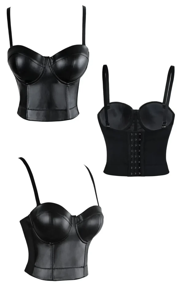 Bustier cuir noir crop top Kira (vue des 3 faces)