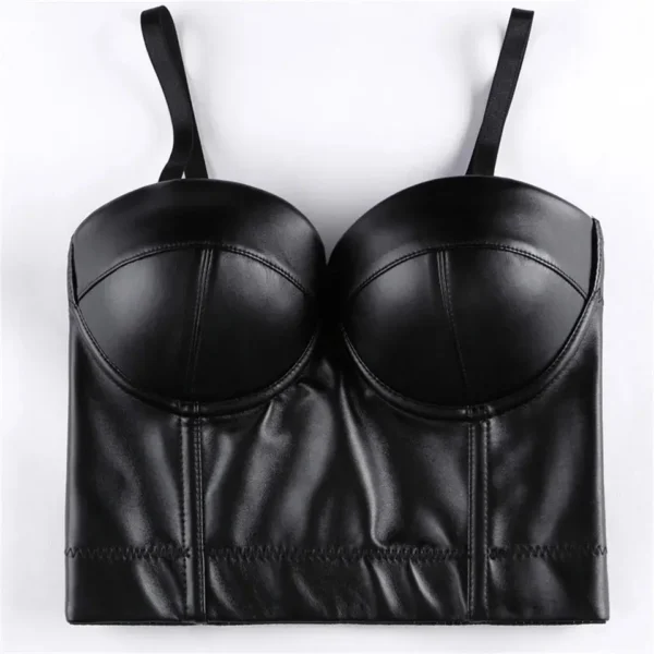 Bustier cuir noir crop top Kira (vue réelle, avant)