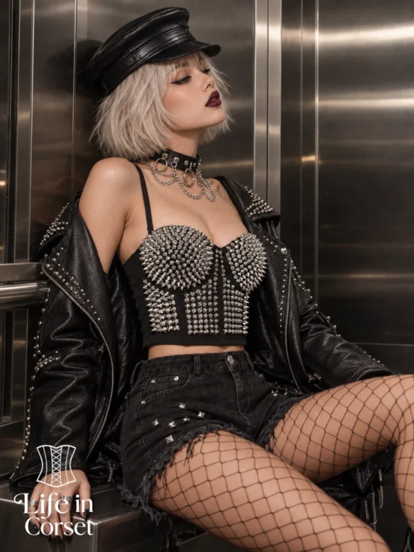 Bustier push up punk rock rivets pics argent (vue de profil) Bustier push up punk rock rivets pics argent