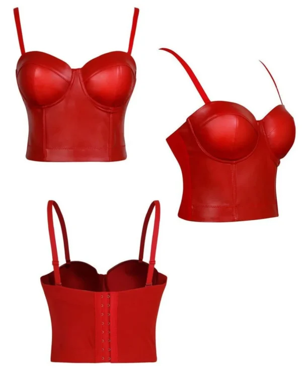 Bustier rouge cuir crop top Carmine (vue des 3 faces) Bustier rouge cuir crop top Carmine (vue des 3 faces)