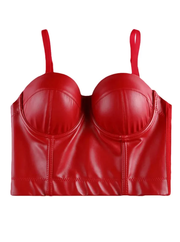 Bustier rouge cuir crop top Carmine (vue réelle) Bustier rouge cuir crop top Carmine (vue réelle)