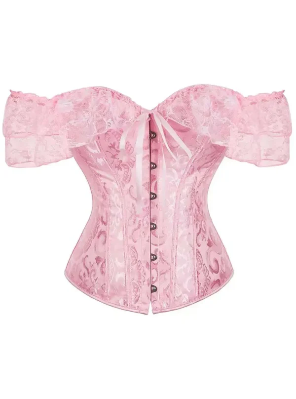 Corset de cérémonie rose épaules en dentelle (vue réelle de face) Corset de cérémonie rose épaules en dentelle (vue réelle de face)