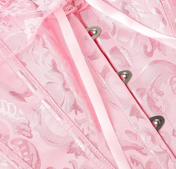 Corset de cérémonie rose épaules en dentelle (zoom sur buscs) Corset de cérémonie rose épaules en dentelle (zoom sur buscs)