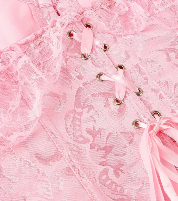 Corset de cérémonie rose épaules en dentelle (zoom sur lacets dorsaux) Corset de cérémonie rose épaules en dentelle (zoom sur lacets dorsaux)