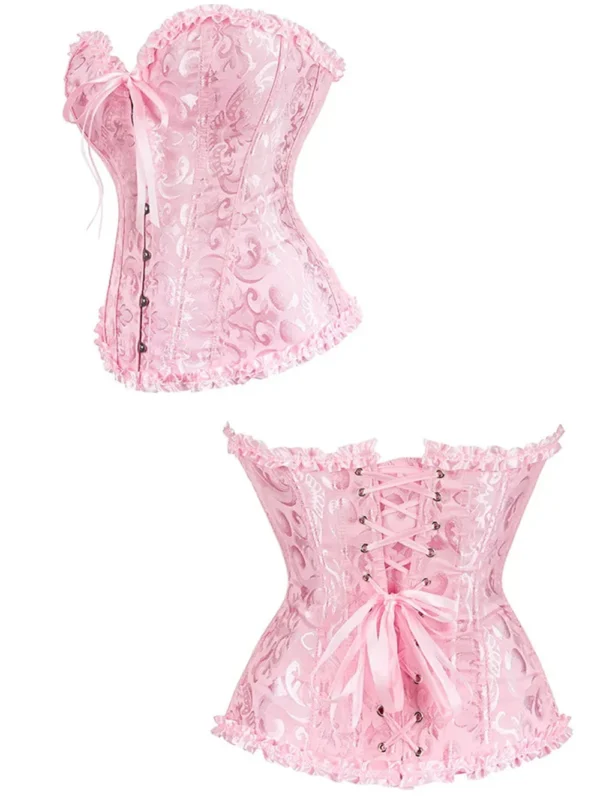 corset rose brodé Romi (vue réelle, profil et dos) corset rose brodé Romi (vue réelle, profil et dos)
