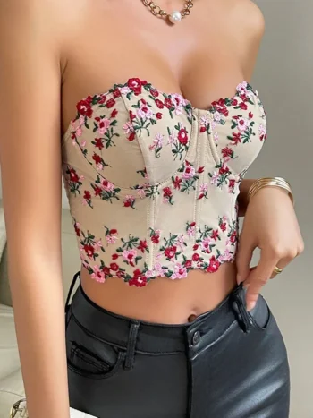 Bustier beige à fleurs sans bretelles Bustier beige à fleurs sans bretelles