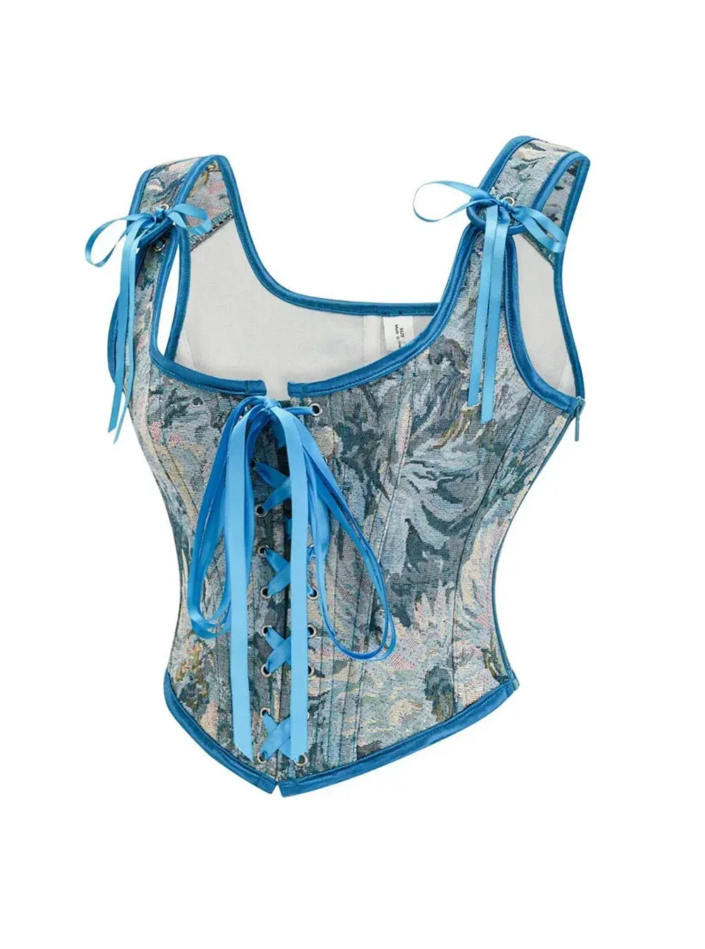 Bustier bleu à fleurs avec lacets Alina (vue réelle, profil) Bustier bleu à fleurs avec lacets Alina (vue réelle, profil)