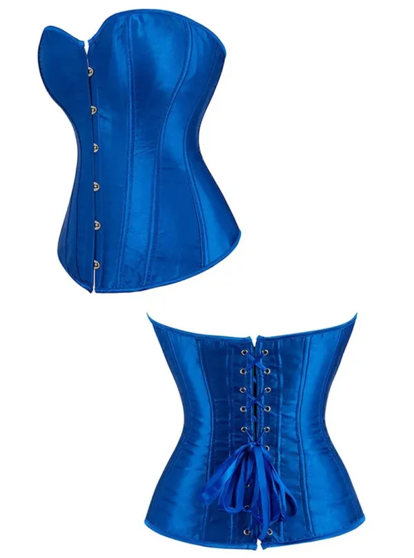 Corset bleu en satin Iris (vue réelle, profil et dos) Corset bleu en satin Iris (vue réelle, profil et dos)