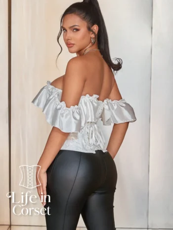 Corset de soirée blanc avec épaules en satin Marigold (dos)