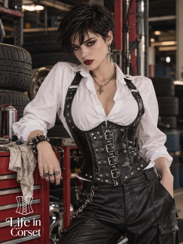 Corset serre taille en cuir à bretelles Nubia