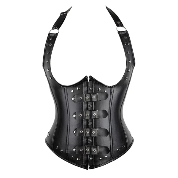 Corset serre taille en cuir à bretelles Nubia (vue réelle, face)