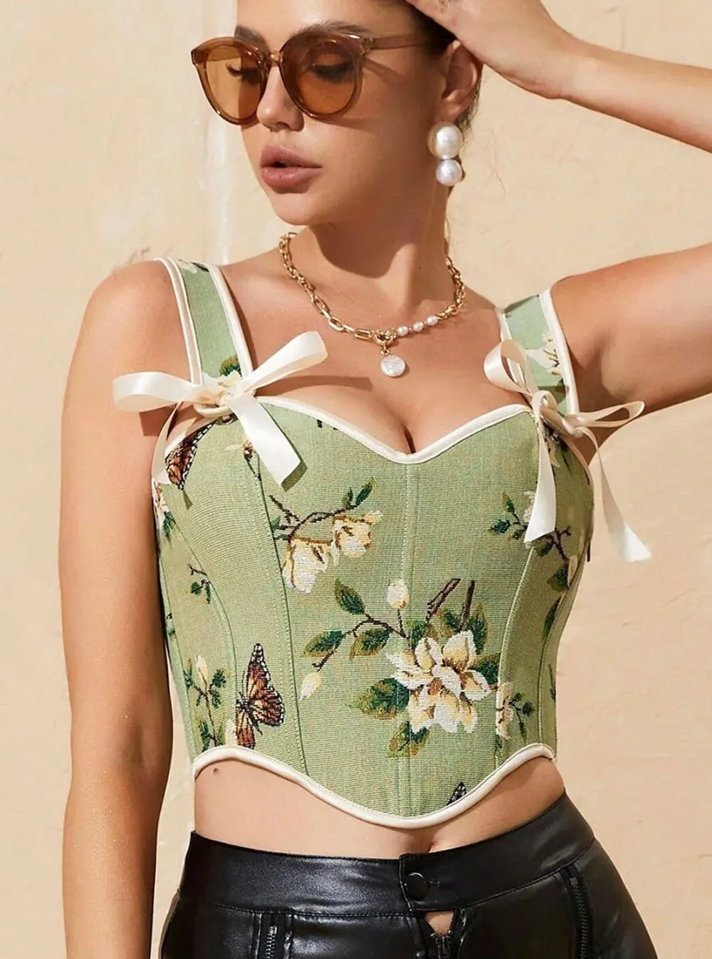bustier vert kaki à fleurs Anaïs