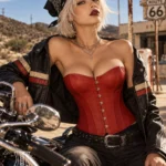 Corset cuir rouge Sienna (sur une moto) Corset cuir rouge Sienna