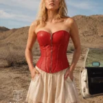 Corset rouge en cuir à fermeture éclair Cassia (vue de face) Corset rouge en cuir à fermeture éclair Cassia
