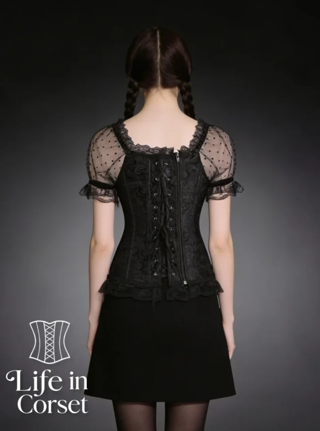 Bustier corset gothique en dentelle noire Luneth (dos) Bustier corset gothique en dentelle noire Luneth (dos)