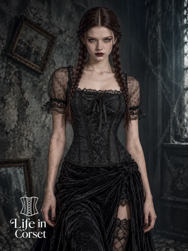 Bustier corset gothique en dentelle noire Luneth (vue face) Bustier corset gothique en dentelle noire Luneth