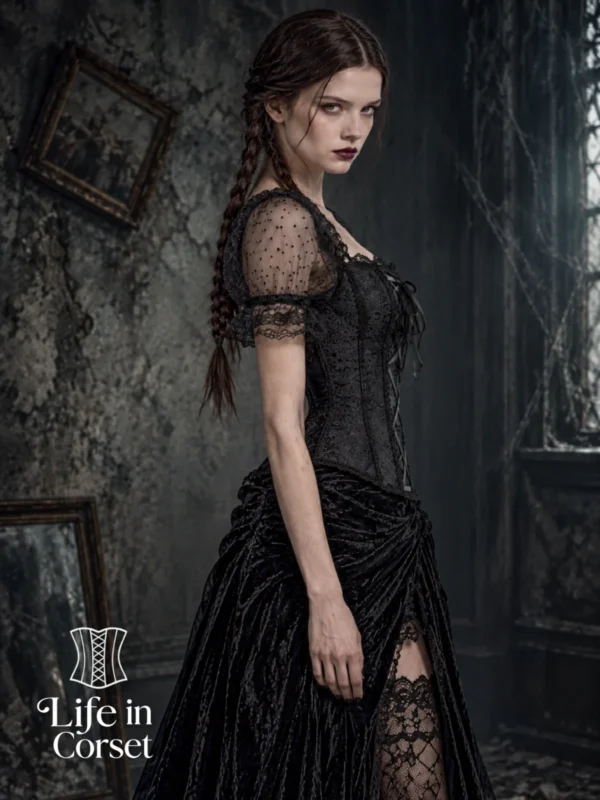 Bustier corset gothique en dentelle noire Luneth (vue profil) Bustier corset gothique en dentelle noire Luneth