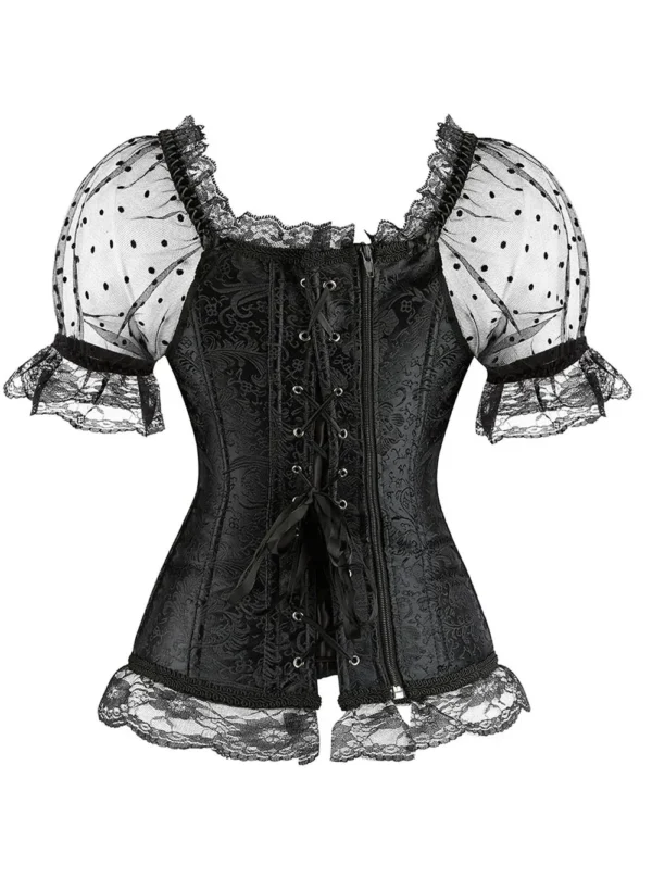 Bustier corset gothique en dentelle noire manches transparentes à pois (2) Bustier corset gothique en dentelle noire manches transparentes à pois (2)