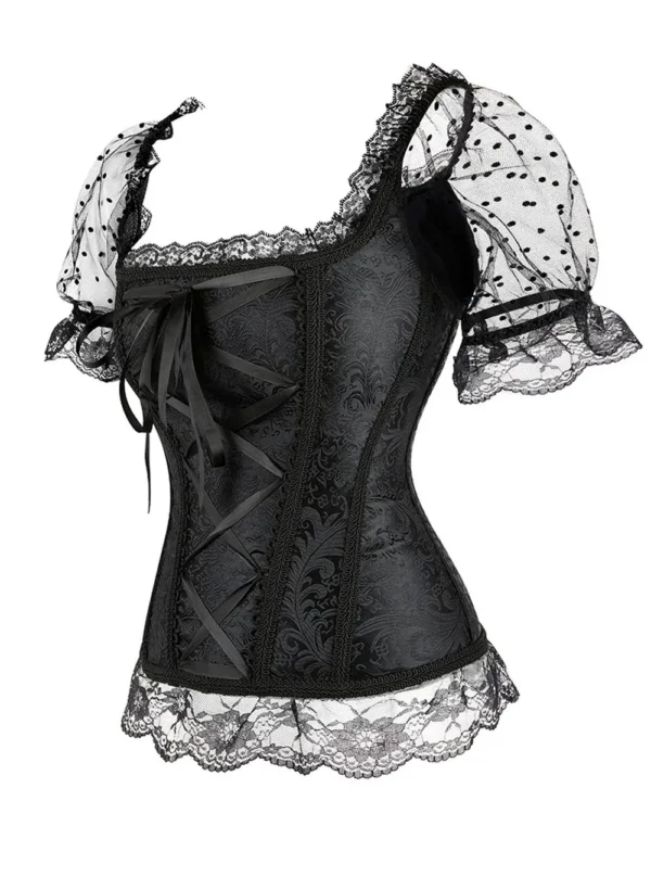 Bustier corset gothique en dentelle noire manches transparentes à pois (4) Bustier corset gothique en dentelle noire manches transparentes à pois (4)