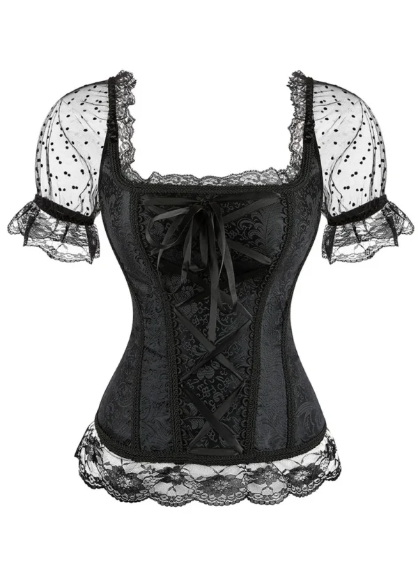 Bustier corset gothique en dentelle noire manches transparentes à pois (5) Bustier corset gothique en dentelle noire manches transparentes à pois (5)
