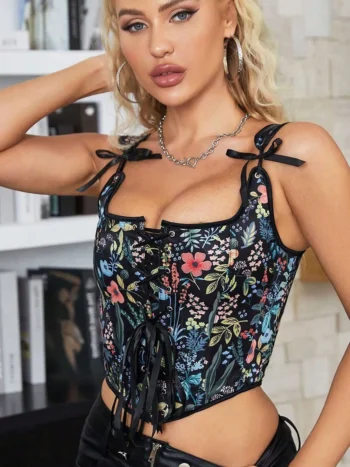 Bustier noir à fleurs corset Courtisane Bustier noir à fleurs corset Courtisane