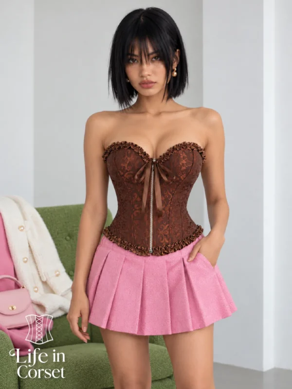 Corset en dentelle marron à fermeture éclair Ulyssia (vue de face) Corset en dentelle marron à fermeture éclair Ulyssia
