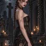 Corset en résille noir transparent avec broderies Noctua (2) Corset chasseuse de vampire en résille noir Noctua
