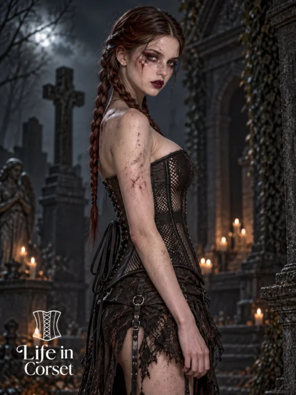 Corset en résille noir transparent avec broderies Noctua (2) Corset chasseuse de vampire en résille noir Noctua