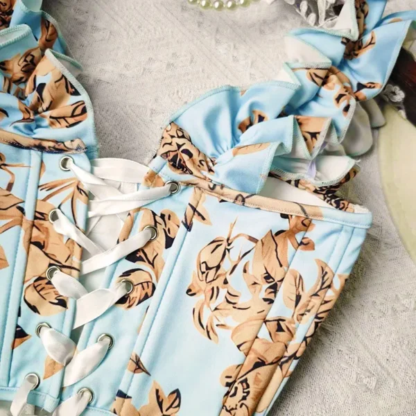 Bustier bleu ciel crop top fleuri et bretelles ondulées (2)