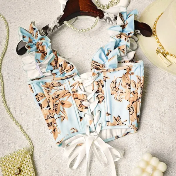 Bustier bleu ciel crop top fleuri et bretelles ondulées (3)