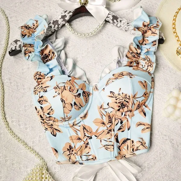 Bustier bleu ciel crop top fleuri et bretelles ondulées (4)