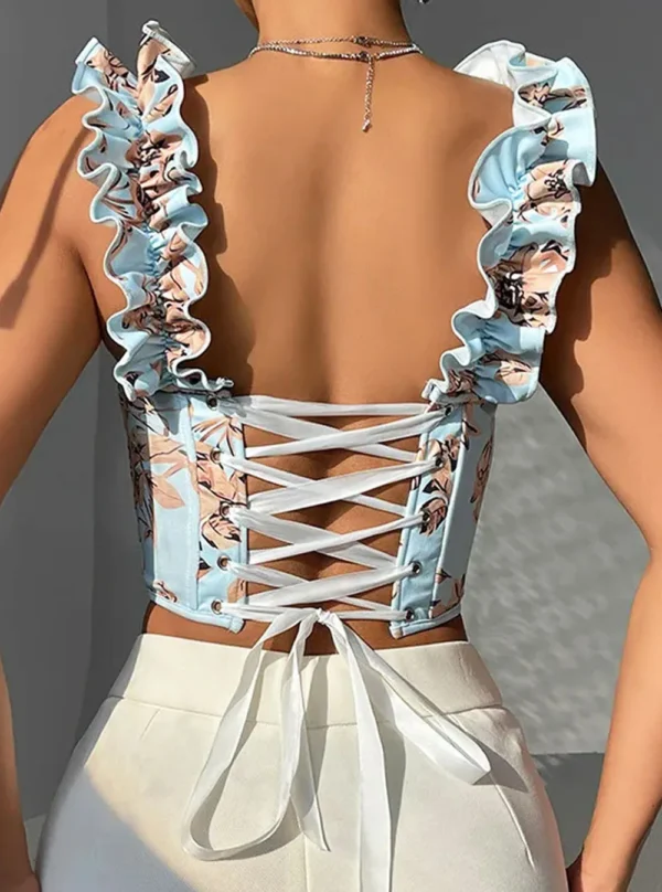 Bustier bleu ciel crop top fleuri et bretelles ondulées (6)