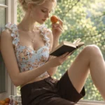 Bustier bleu ciel crop top fleuri et bretelles ondulées (vue assise) Bustier bleu ciel crop top fleuri et bretelles ondulées