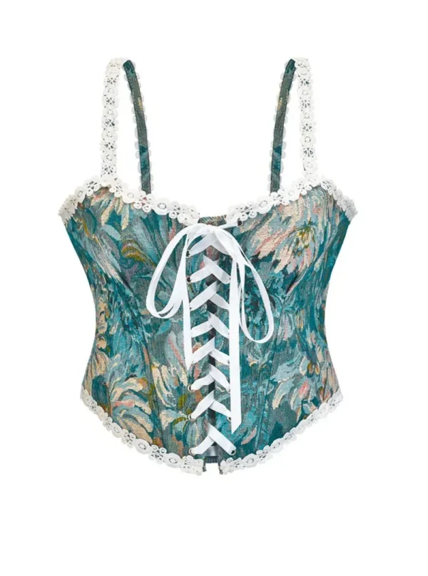 Bustier bleu turquoise à fleurs et lacets blancs Damaris (7)