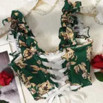 Bustier vert floral à bretelles volantées et Dos lacé (4) Bustier vert floral à bretelles volantées et Dos lacé
