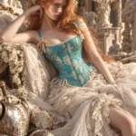 Corset médiéval bleu royal avec dorures Duchesse (4vue de profil) Corset médiéval bleu royal avec dorures Duchesse
