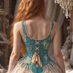 Corset médiéval bleu royal avec dorures Duchesse (vue de dos) Corset médiéval bleu royal avec dorures Duchesse