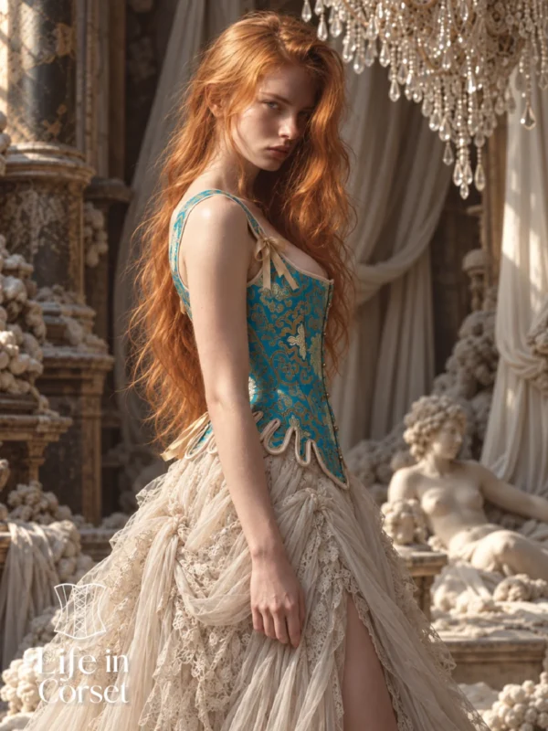 Corset médiéval bleu royal avec dorures Duchesse (vue de profil) Corset médiéval bleu royal avec dorures Duchesse