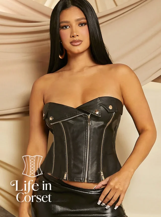 Bustier cuir motard à fermetures éclair Rogue (de face) Bustier cuir motard à fermetures éclair Rogue (de face)