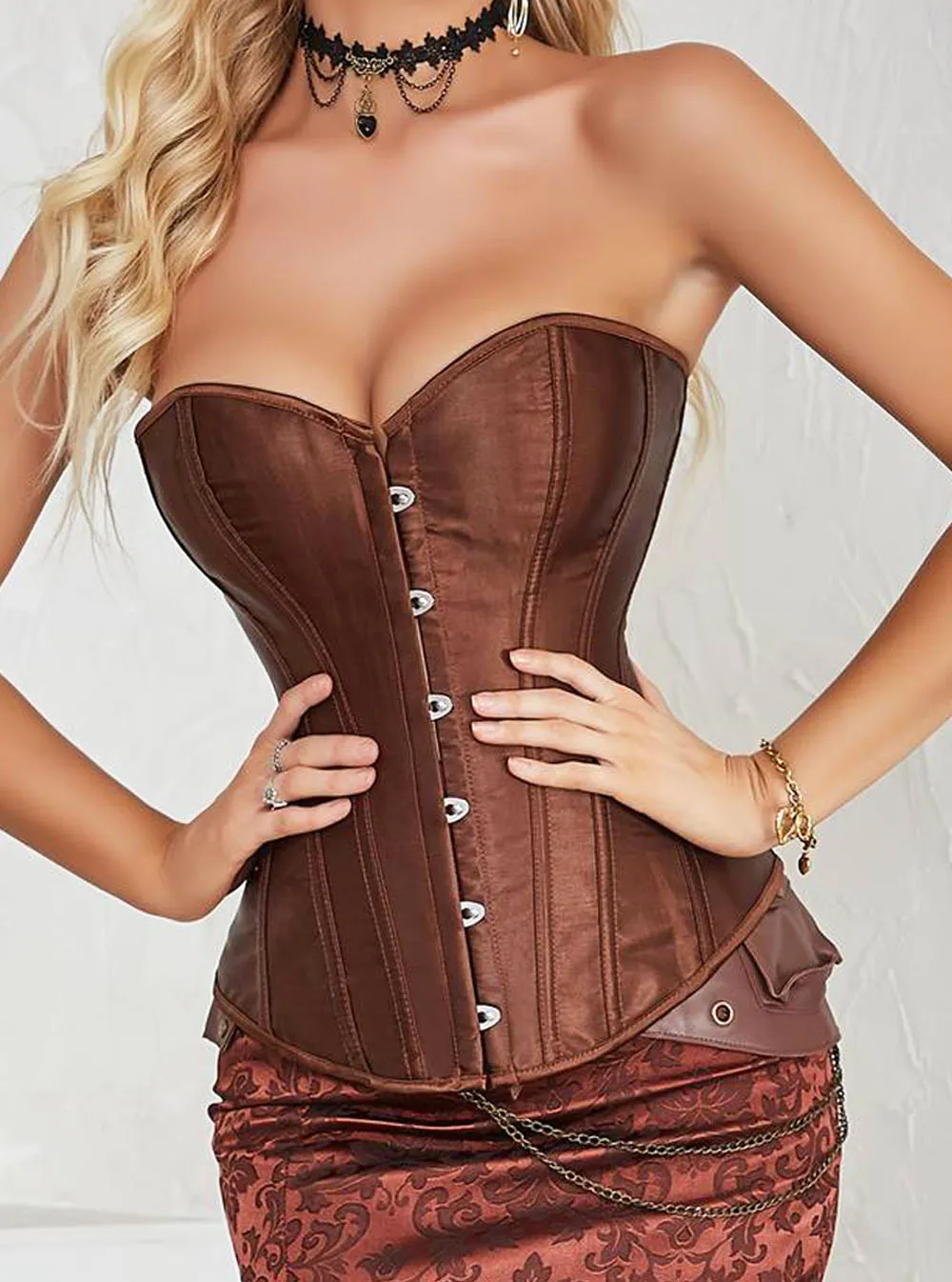 Corset à lacets marron en satin Tawny (1)